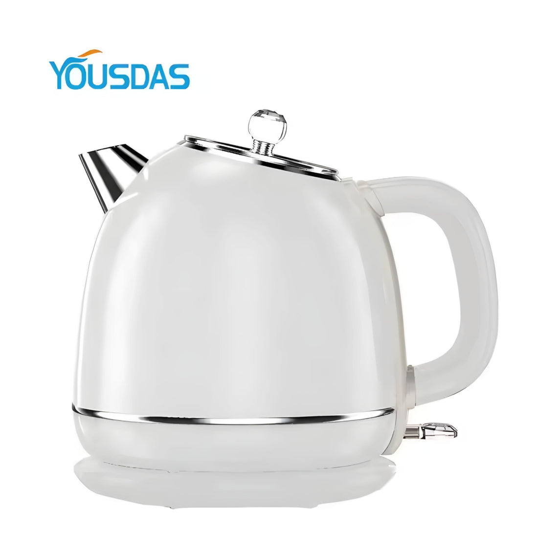 Three Yousdas electric kettles in different colors (green, white, and cream) with a stainless steel finish and a modern design.