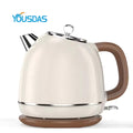 Three Yousdas electric kettles in different colors (green, white, and cream) with a stainless steel finish and a modern design.