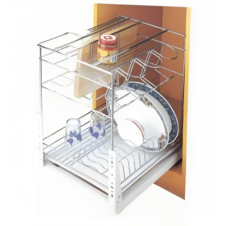 A clear drawer basket with a tray, containing kitchen items like cups and plates, placed inside a kitchen cabinet.