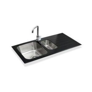 Stylish Artone Double Bowl Black Tempered Glass Kitchen Sink - 860x500x200mm