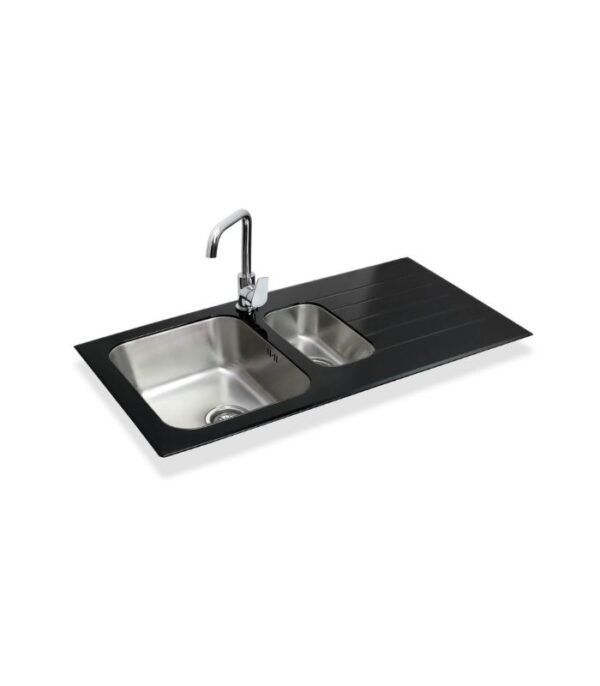 Stylish Artone Double Bowl Black Tempered Glass Kitchen Sink - 860x500x200mm