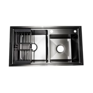 Euro 82 x 45 Double Bowl Black Sink with Drainer Basket - Stylish Kitchen Fixture